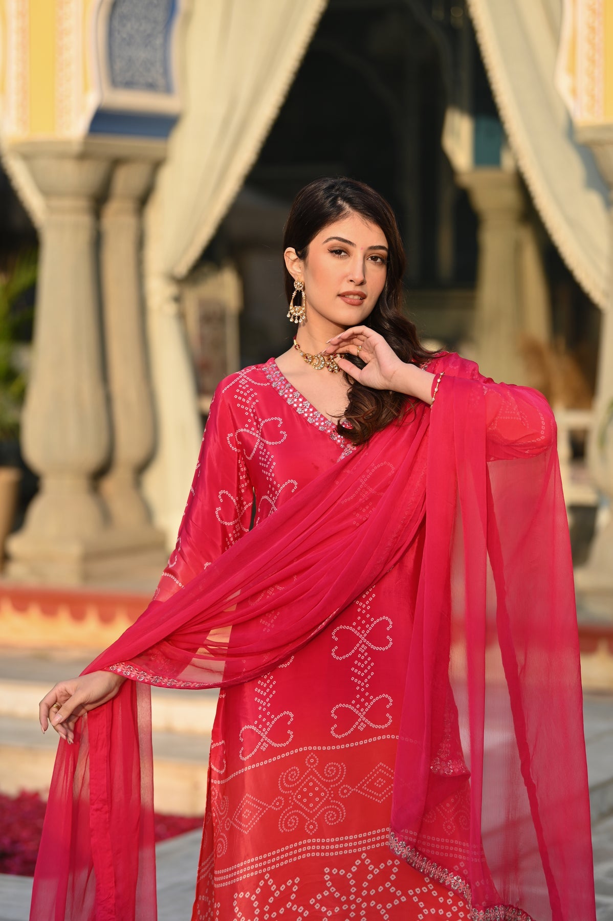 Chinon Silk Printed Kurta Pant Dupatta Set – Peach