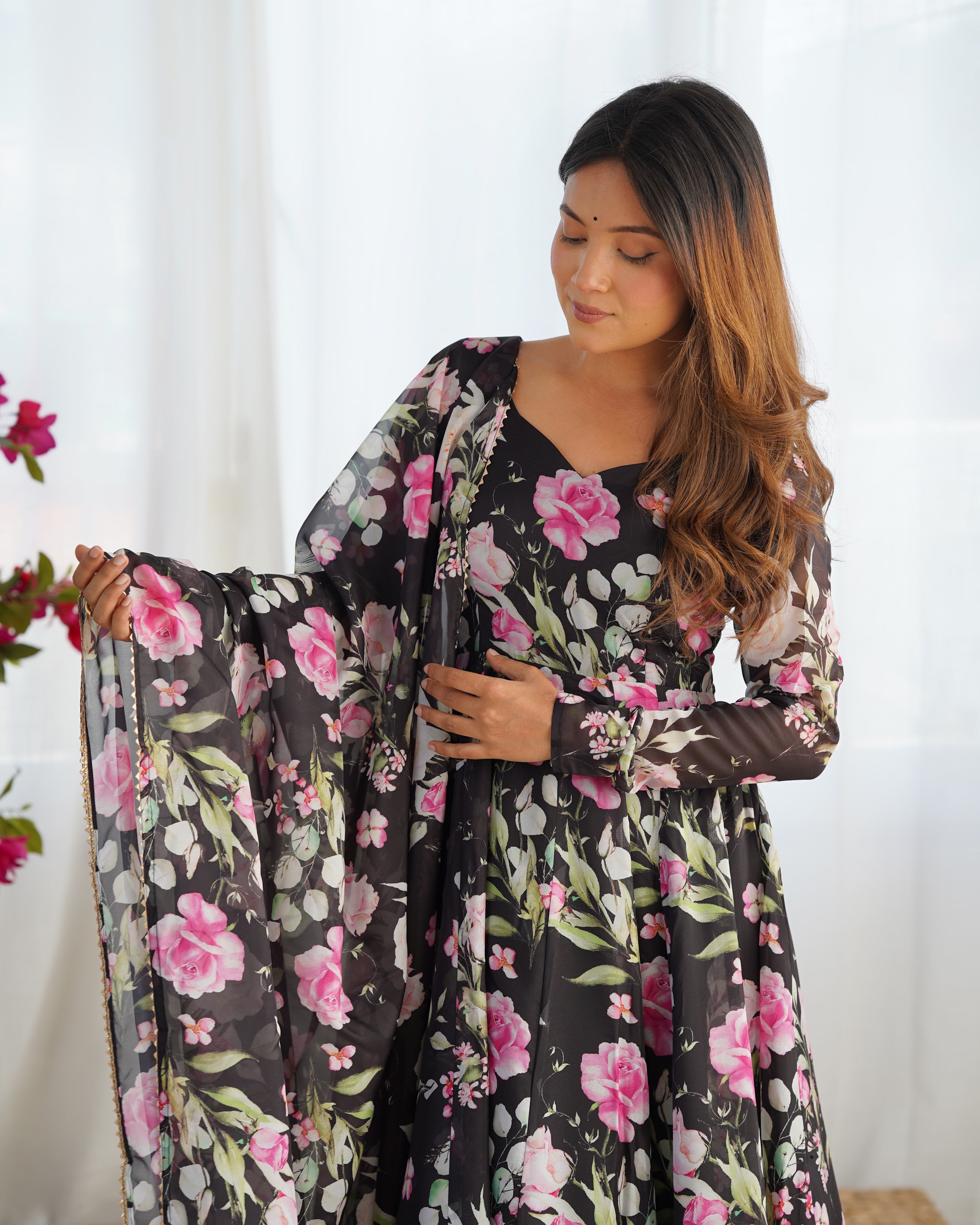 Organza Silk Printed Anarkali Set – Black