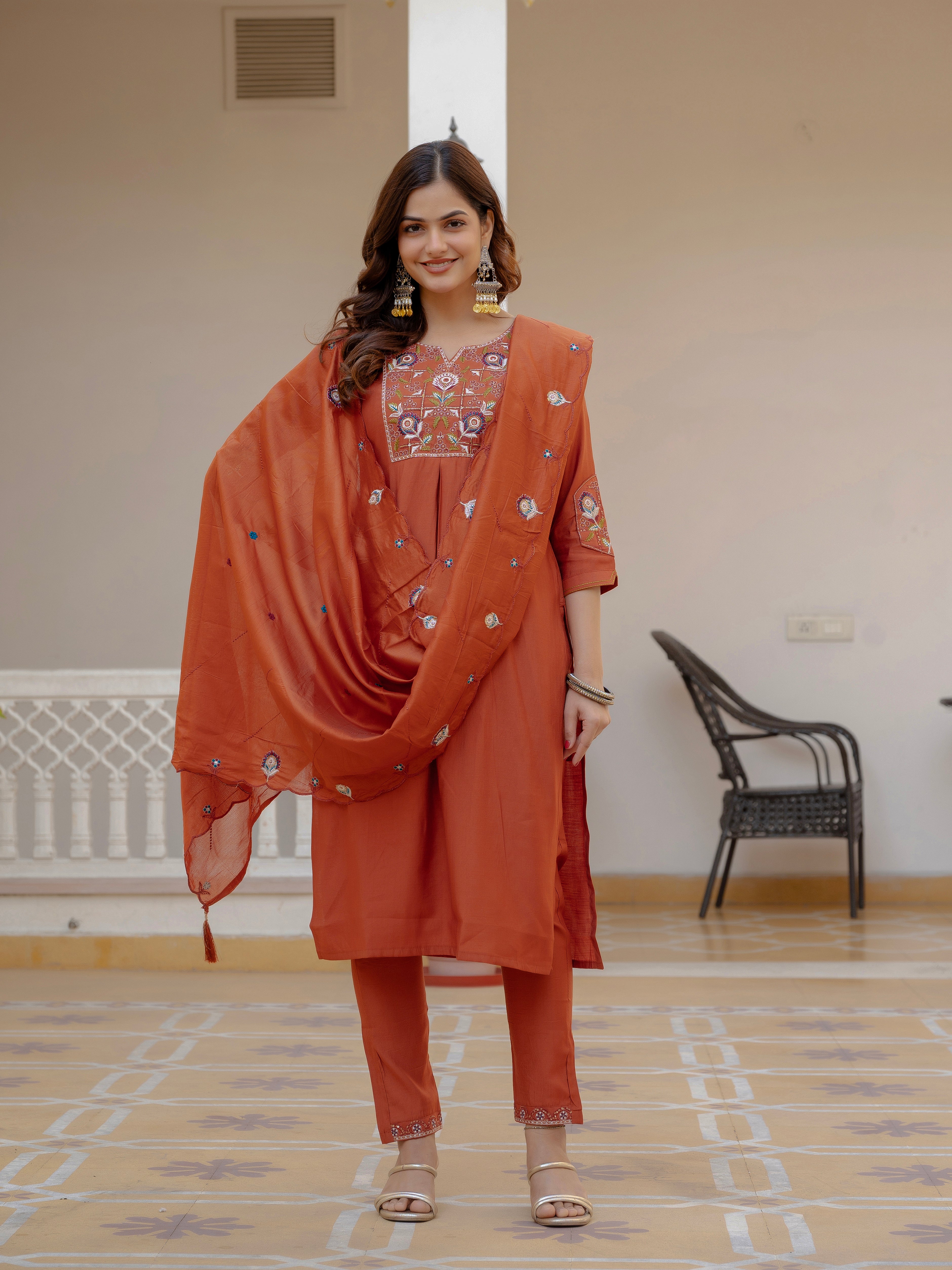 Pure Viscose Mango Silk Embroidered Straight Kurti Set – Rust