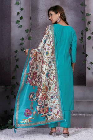 Premium Marina Silk Embroidered Straight Kurti Set – See Green