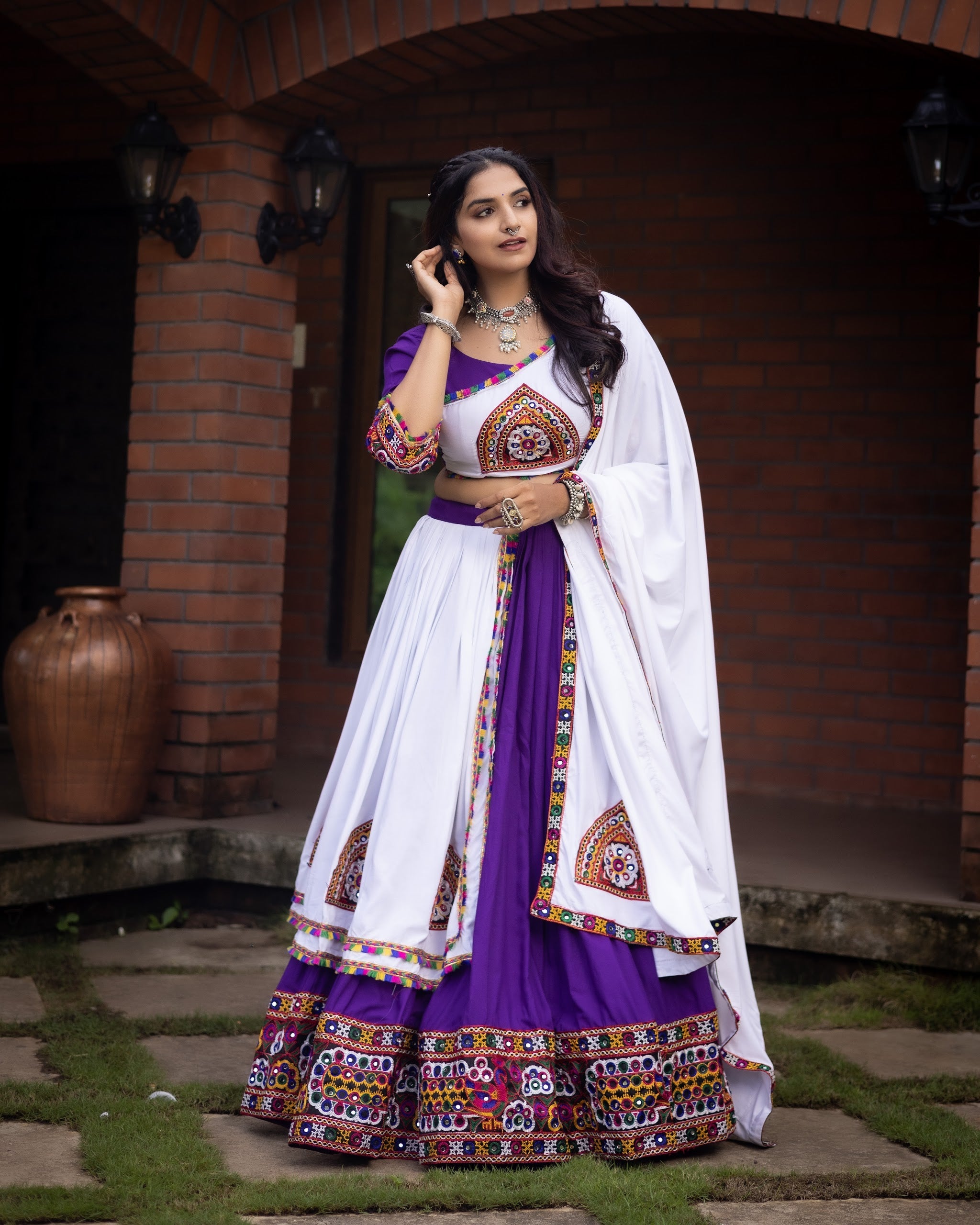 Navratri Purple White Arches Patch Work Lehenga Set