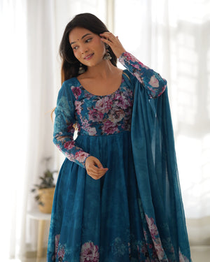 Organza Silk Printed Anarkali Set – Blue