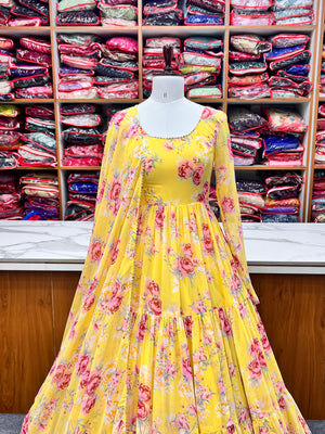 Georgette Printed Anarkali Set – Yellow