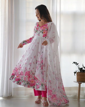 Organza Silk Printed Anarkali Set – Ivory Floral