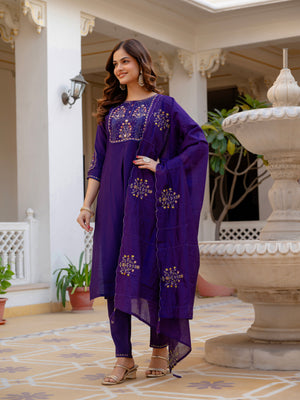 Pure Viscose Mango Silk Embroidered Straight Kurti Set – Violet