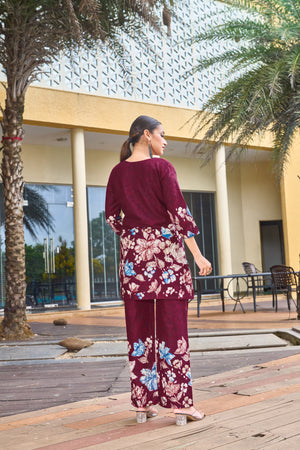 Pure Cotton Printed Co-Ords Set – Maroon