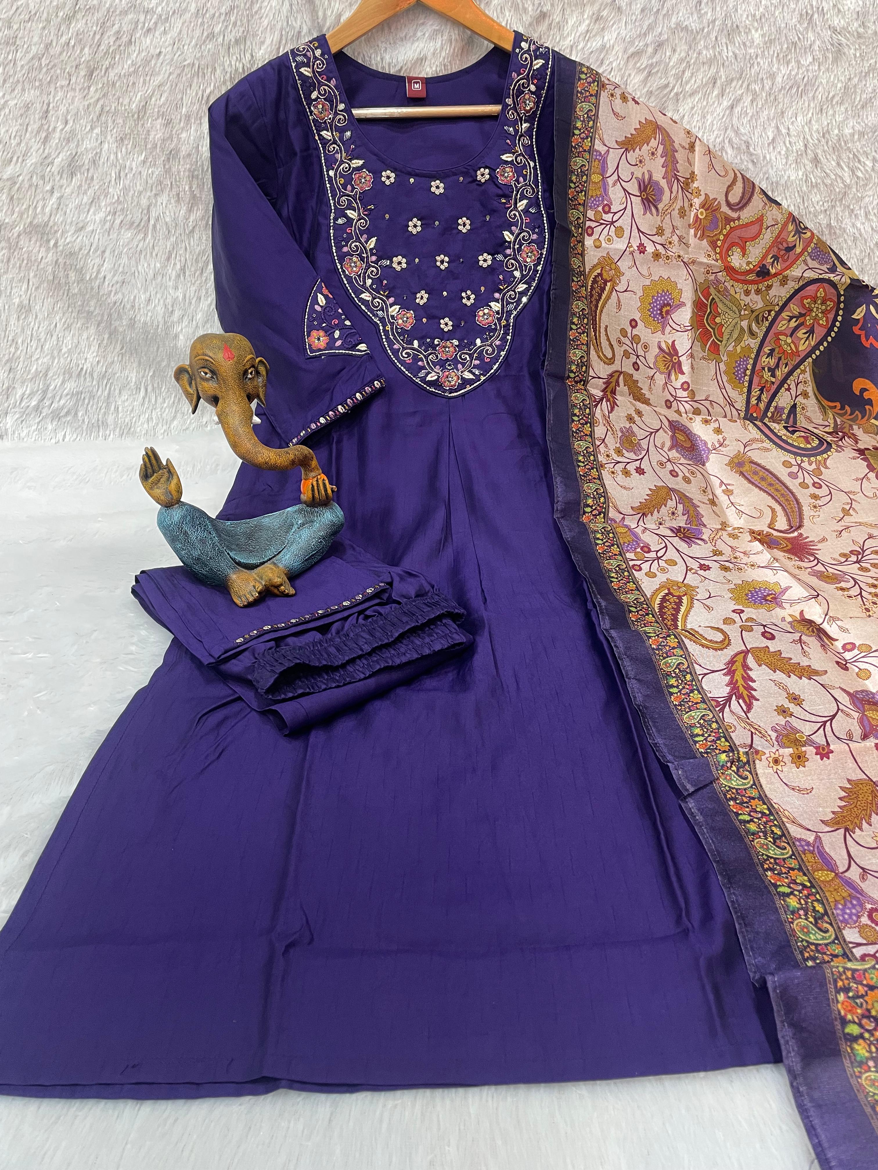 Premium Marina Silk Embroidered Straight Kurti Set – Violet
