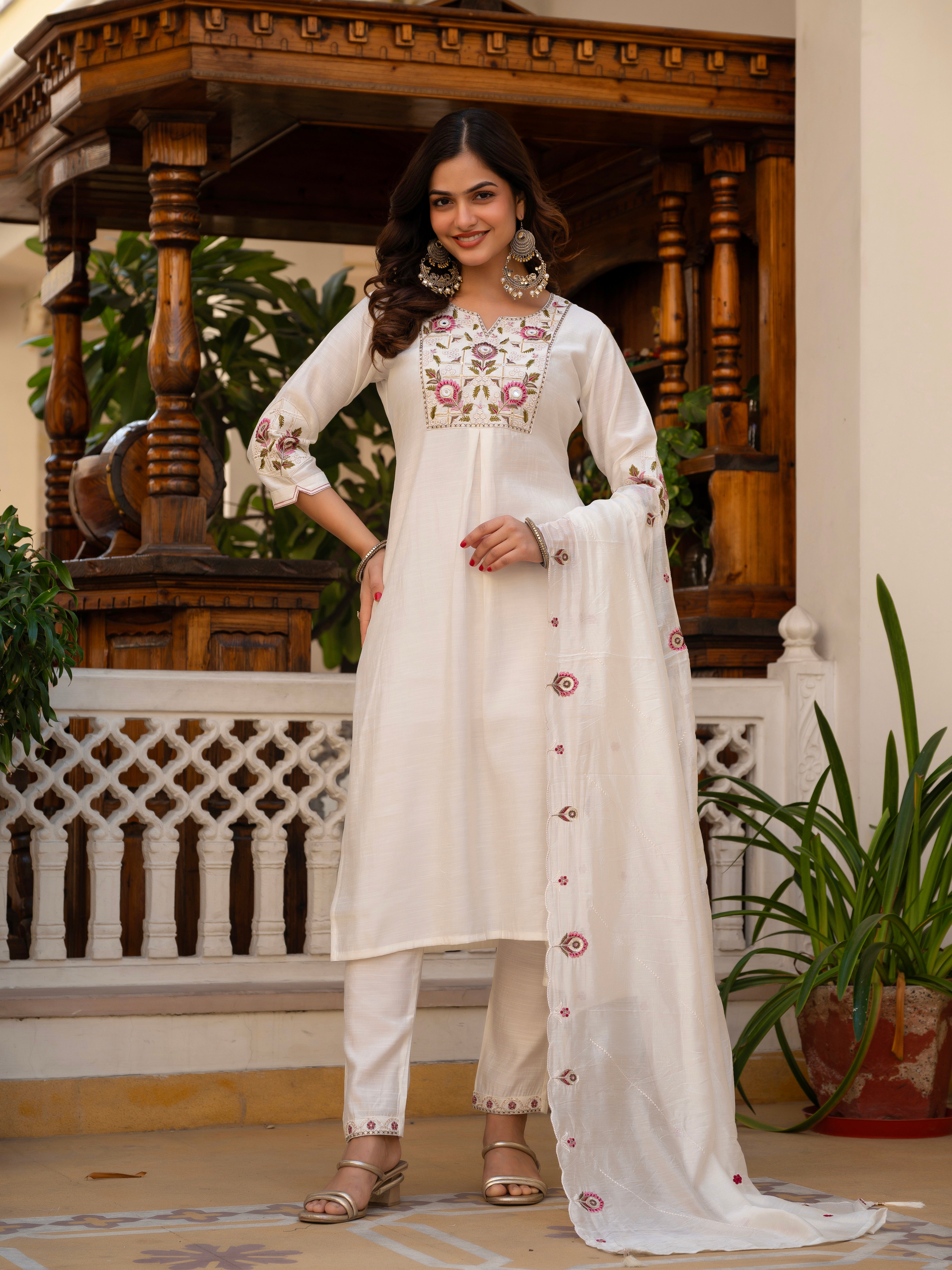 Pure Viscose Mango Silk Embroidered Straight Kurti Set – White