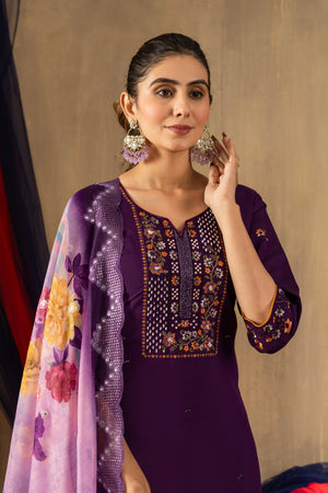 Roman Silk Embroidered Straight Kurti Set – Purple