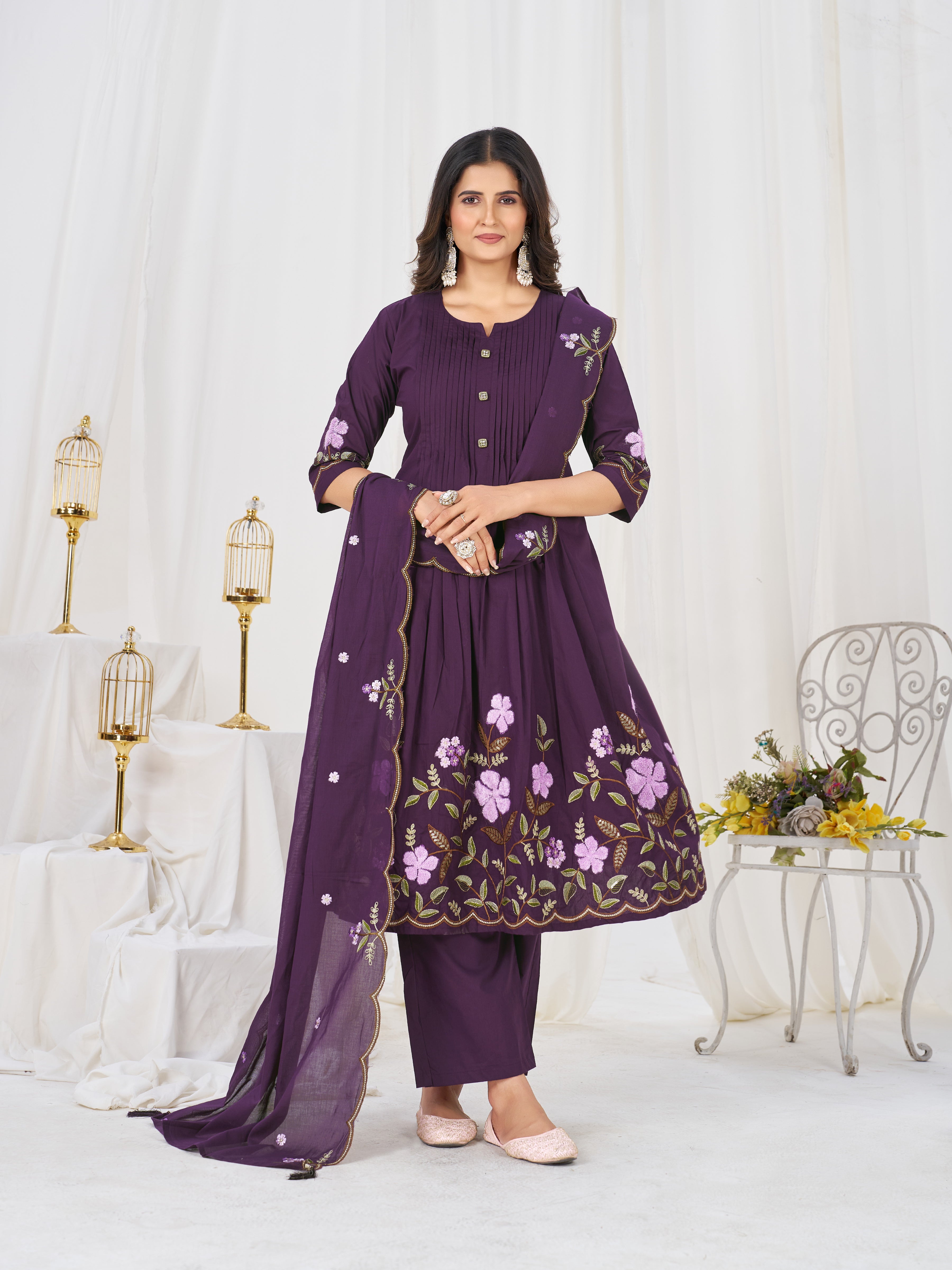 Pure Cotton Embroidered Anarkali Kurti Set – Purple