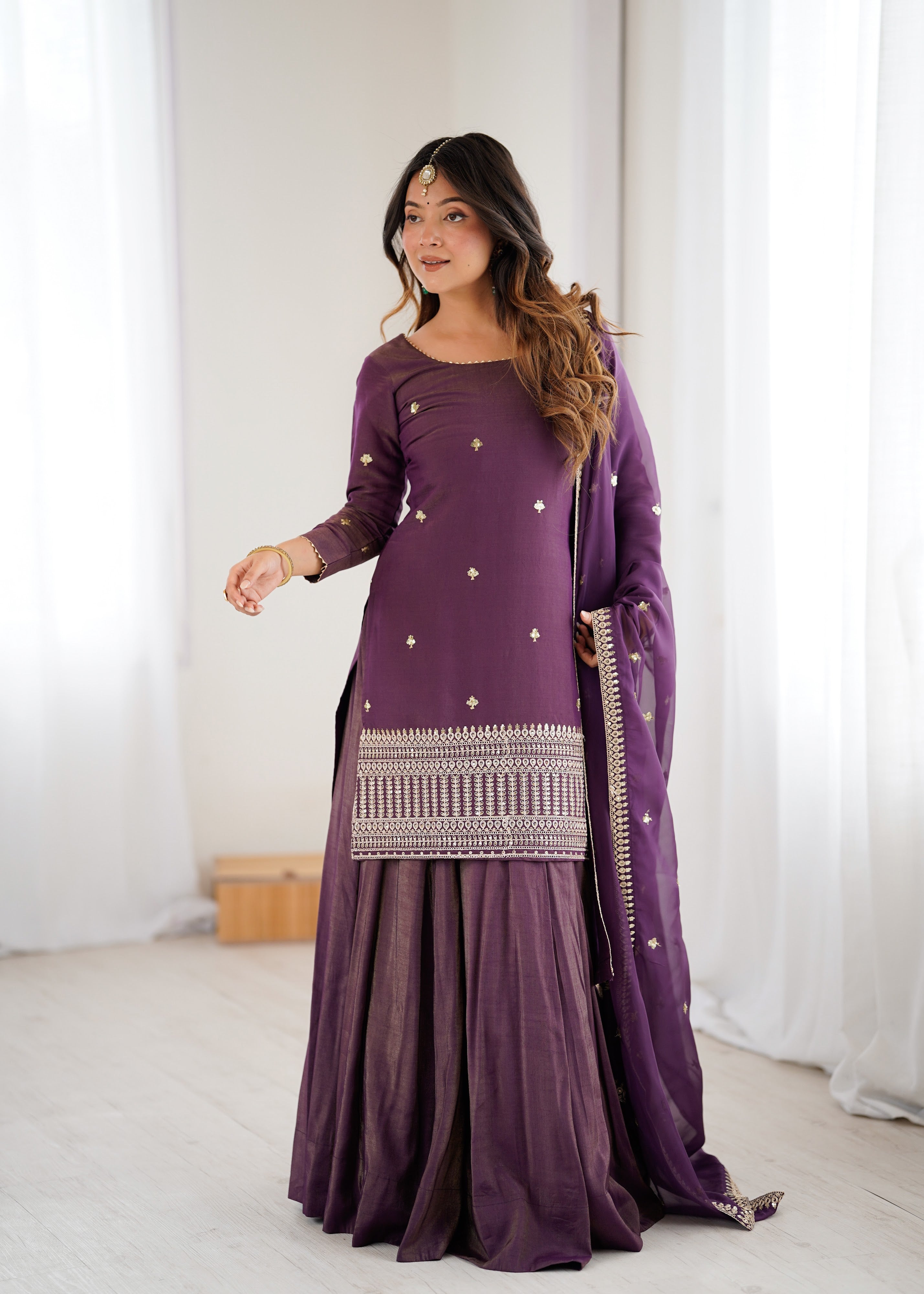 Roman Shimmer Silk Embroidered Top Set – Purple