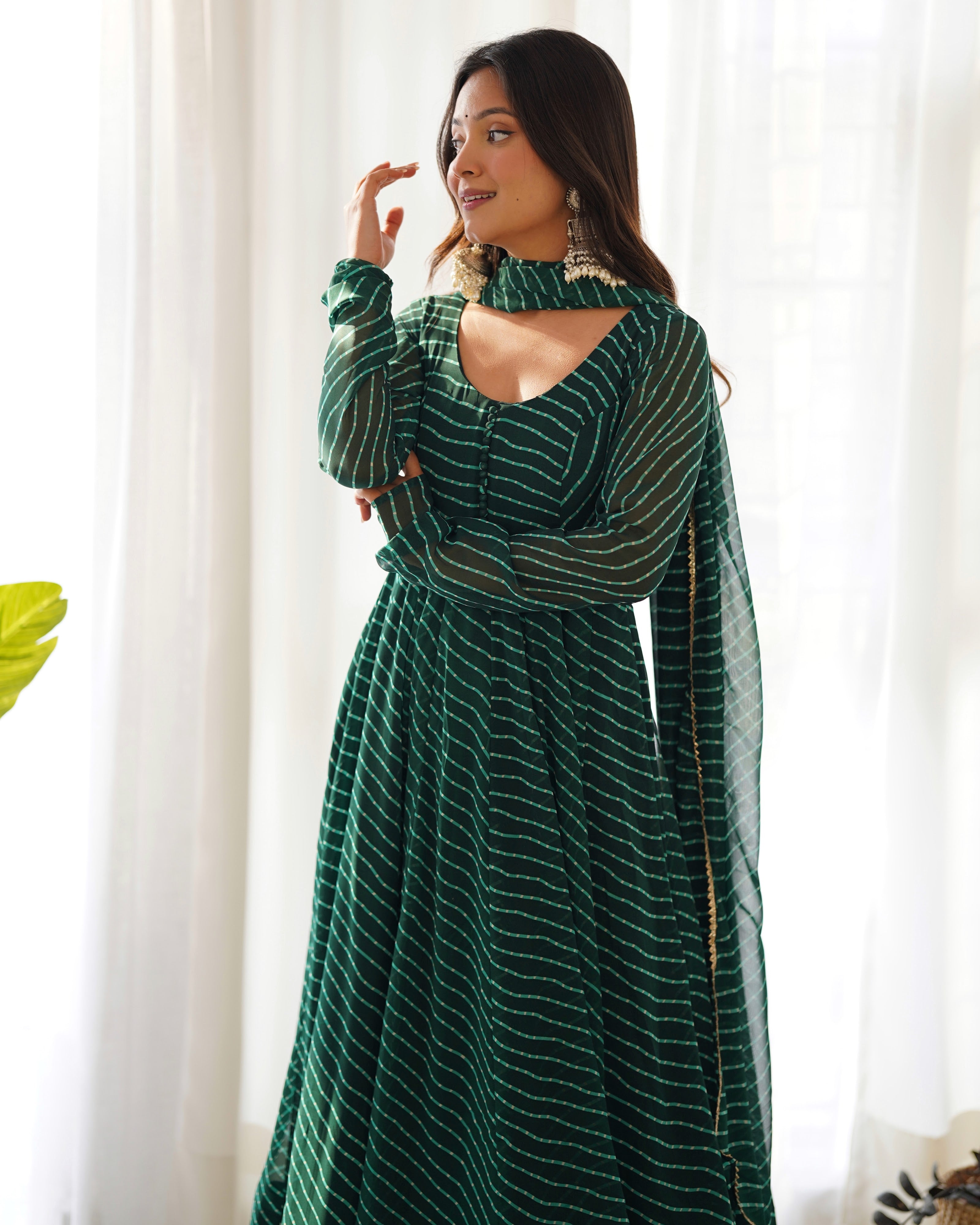 Georgette Printed Anarkali Set – Bottle Green
