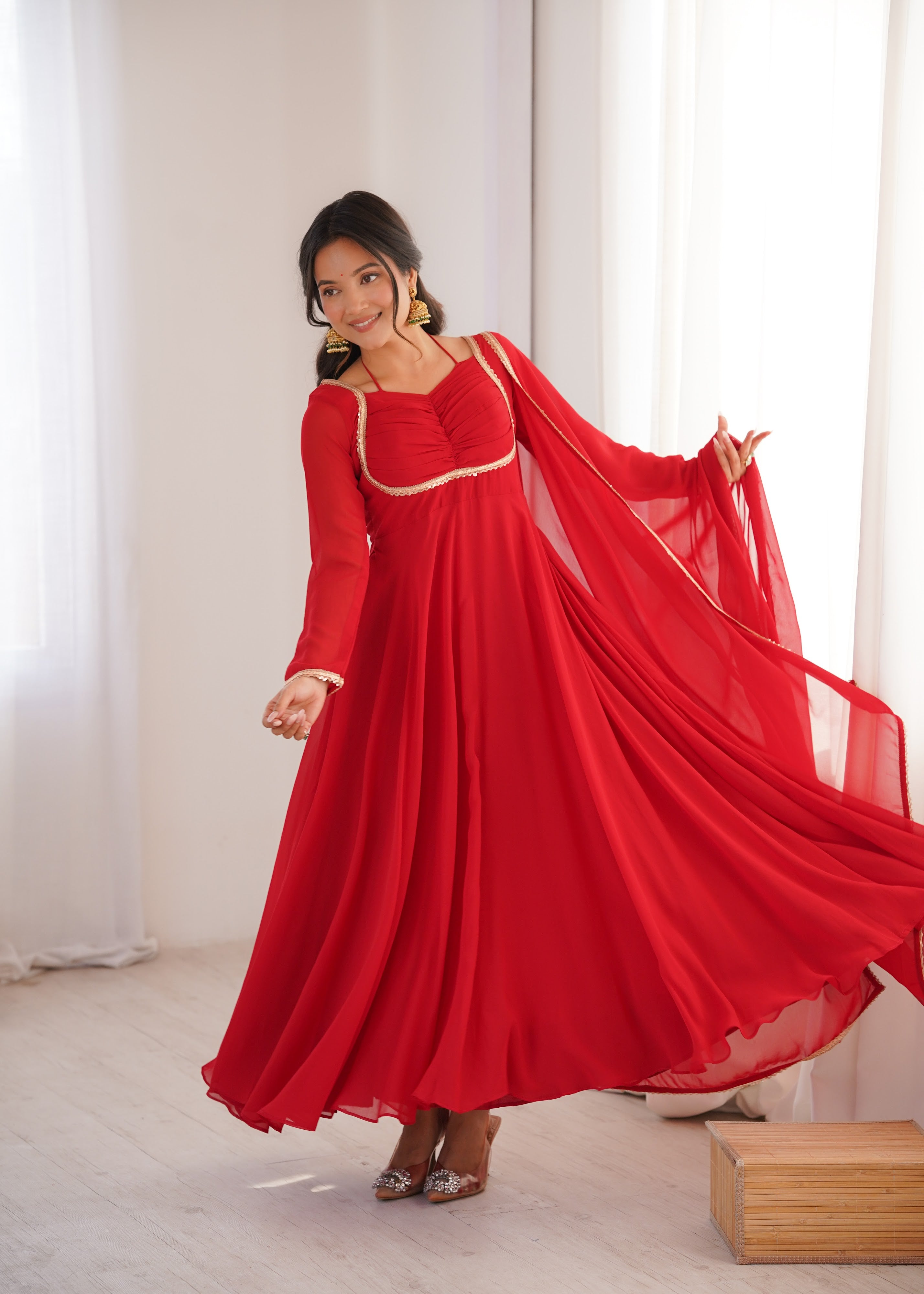 Georgette Embroidered Gown Set – Red
