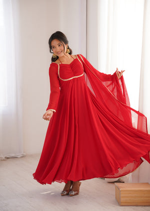Georgette Embroidered Gown Set – Red