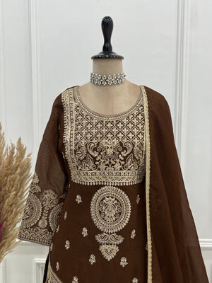 Crunchy Silk Embroidered Sharara Set – Coffee Brown