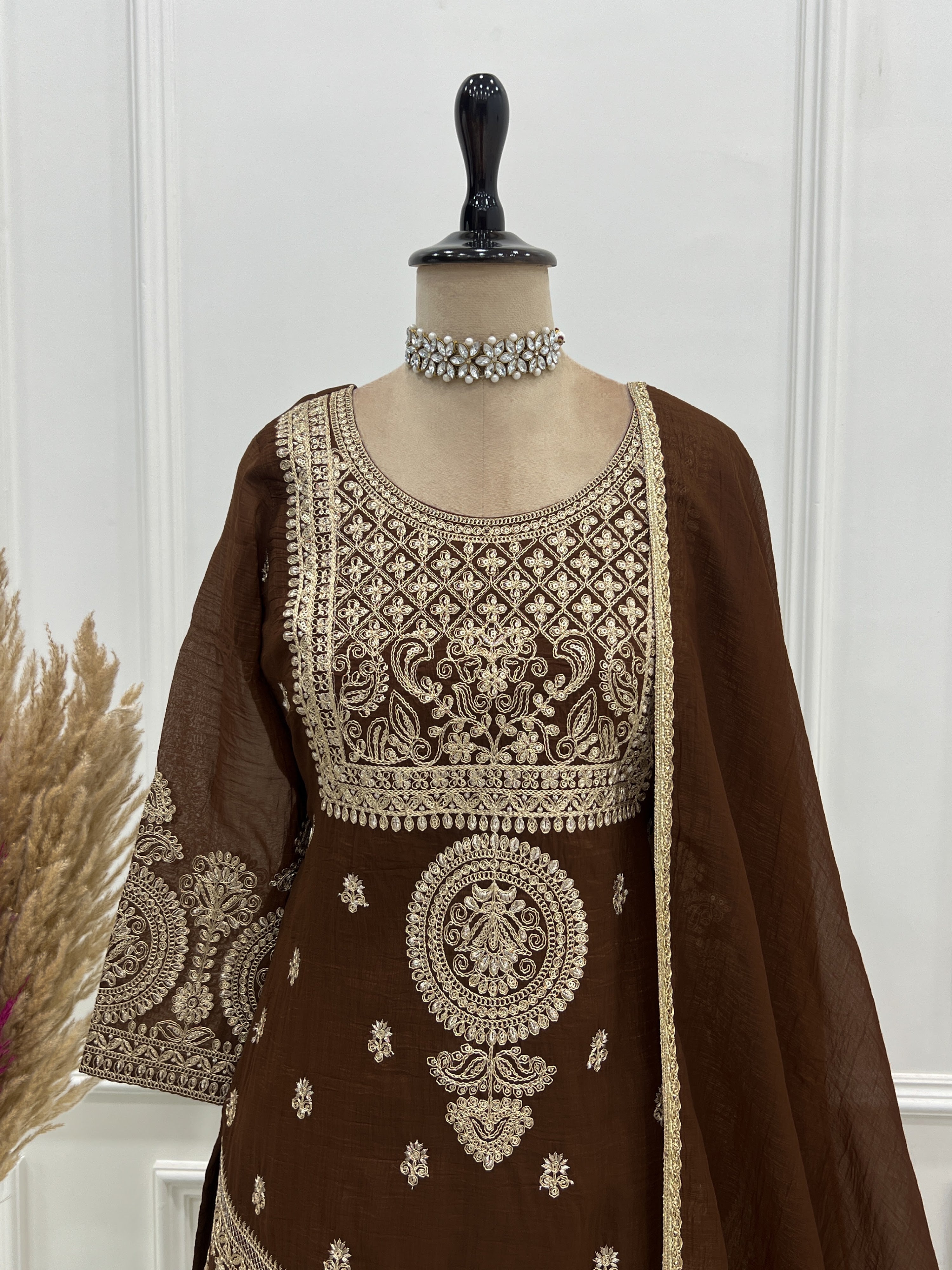 Crunchy Silk Embroidered Sharara Set – Coffee Brown
