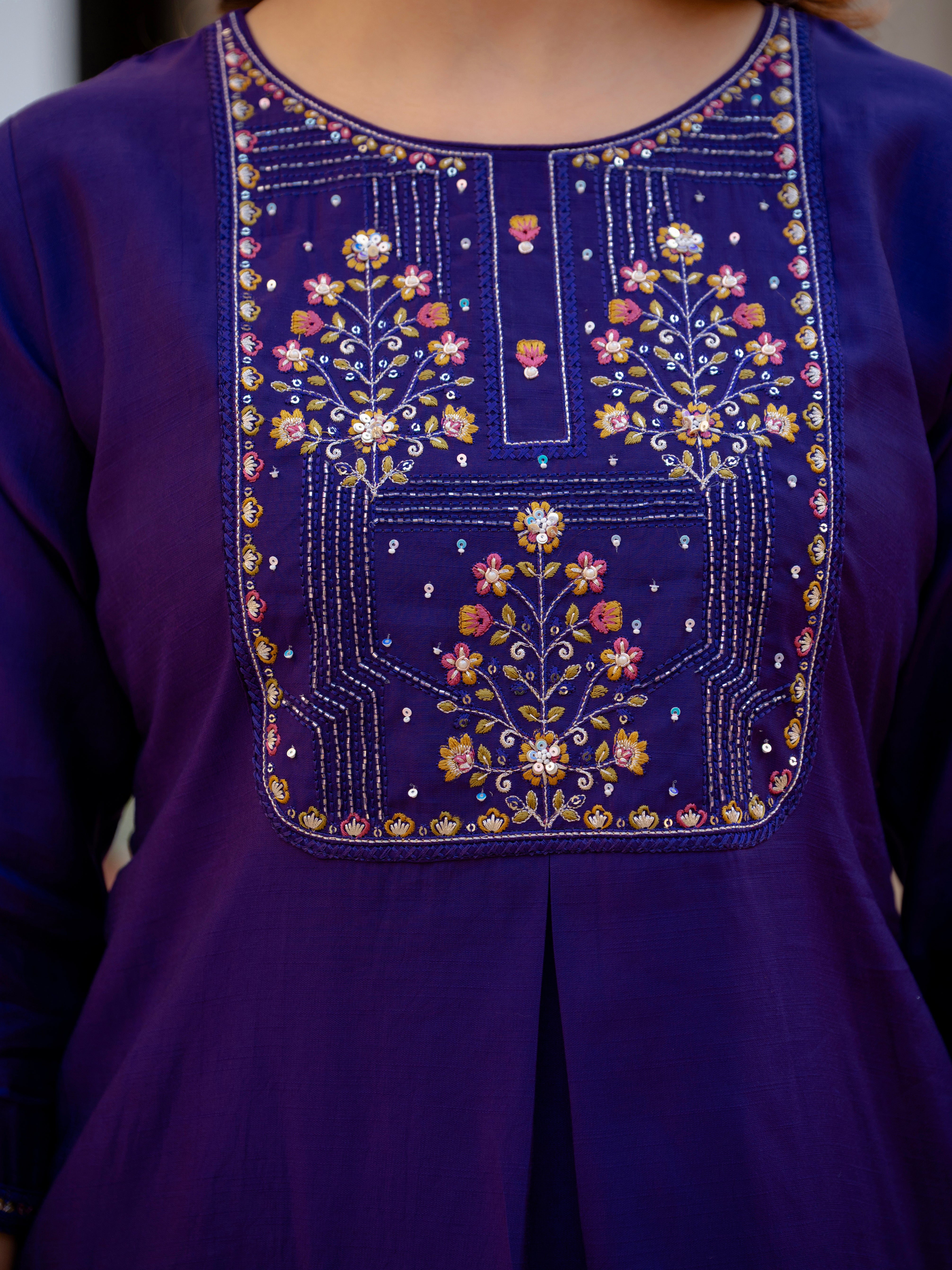 Pure Viscose Mango Silk Embroidered Straight Kurti Set – Violet