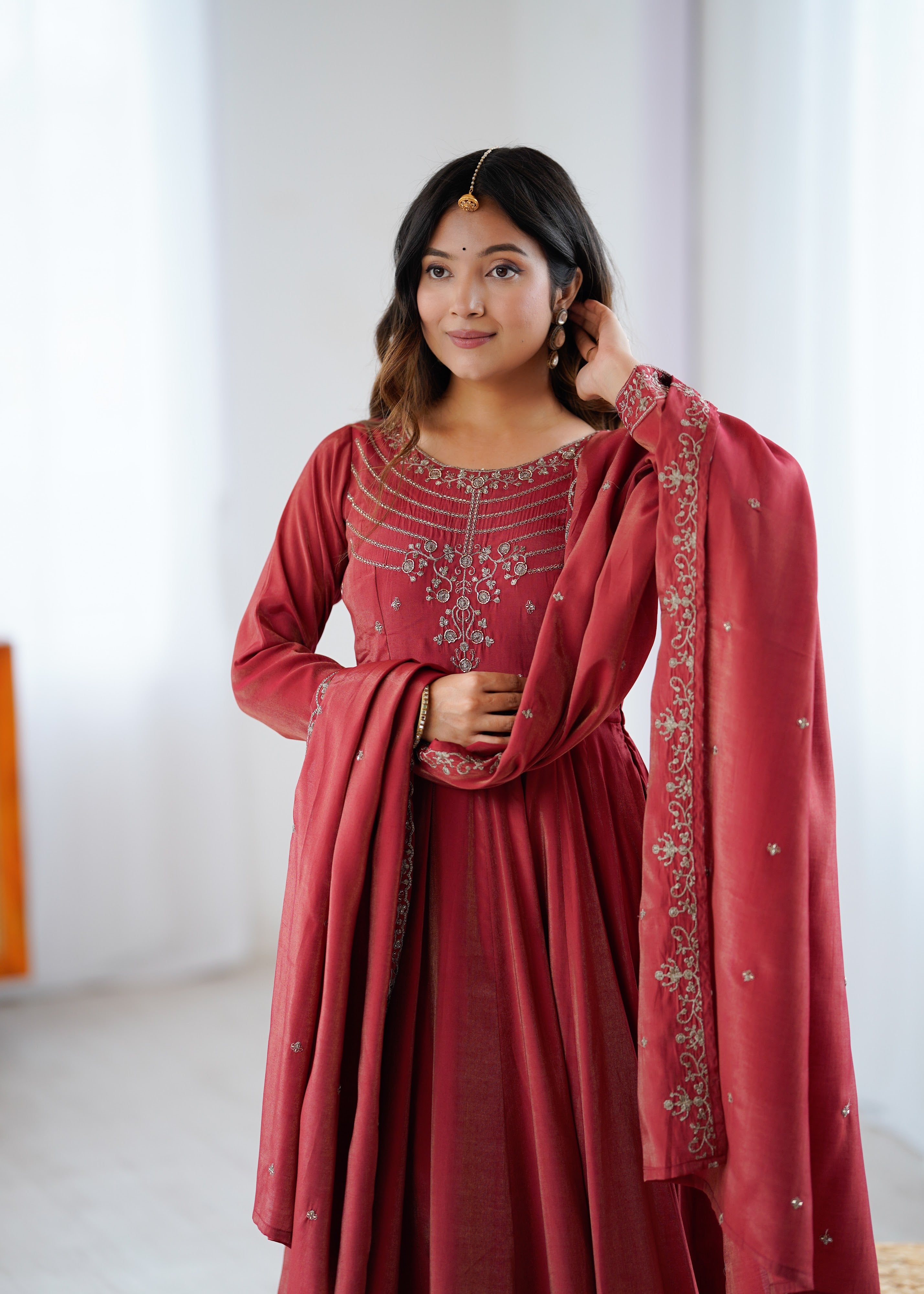 Roman Shimmer Silk Embroidered Anarkali Set – Maroon