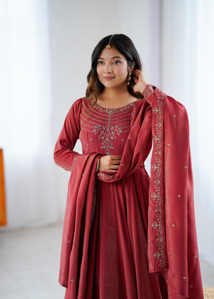 Roman Shimmer Silk Embroidered Anarkali Set – Maroon