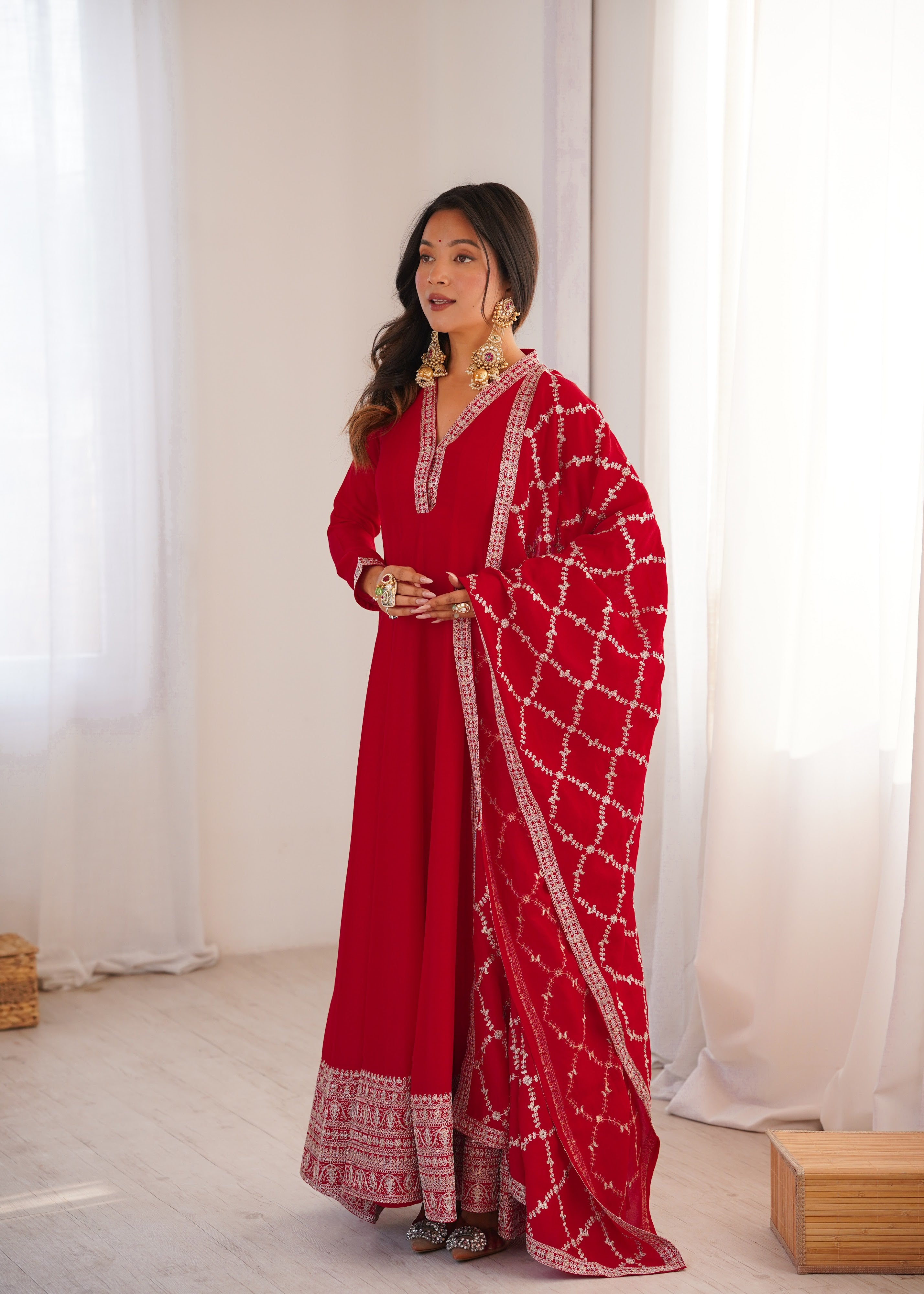 Vichitra Silk Embroidered Gown Set – Red