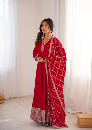 Vichitra Silk Embroidered Gown Set – Red