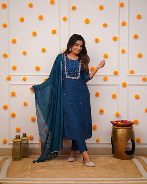 Rayon Slub Embroidered Kurta Pant Dupatta Set – Blue