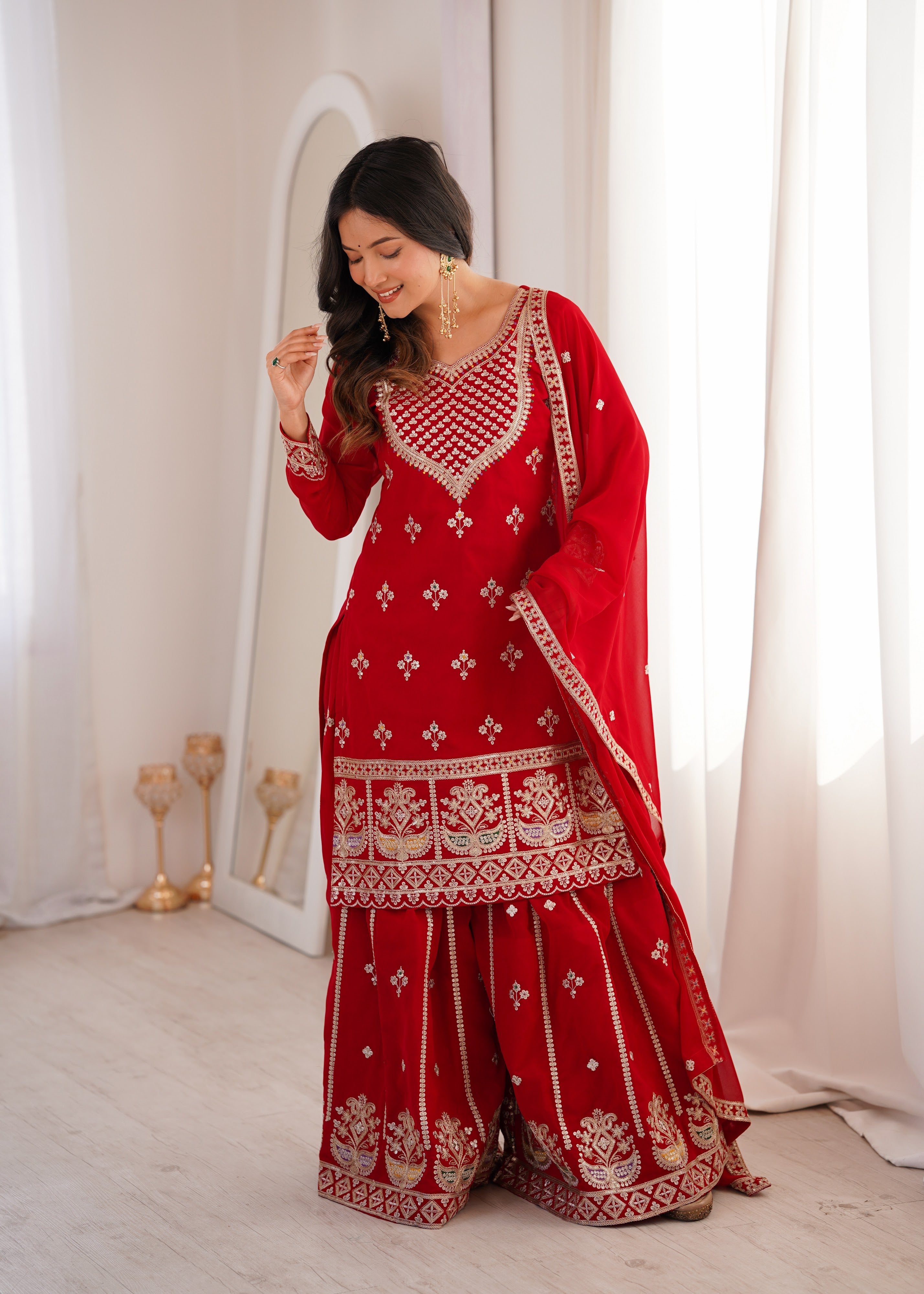 Georgette Embroidered Kurta-Sharara Set – Red