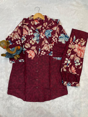 Pure Cotton Printed Co-Ords Set – Maroon