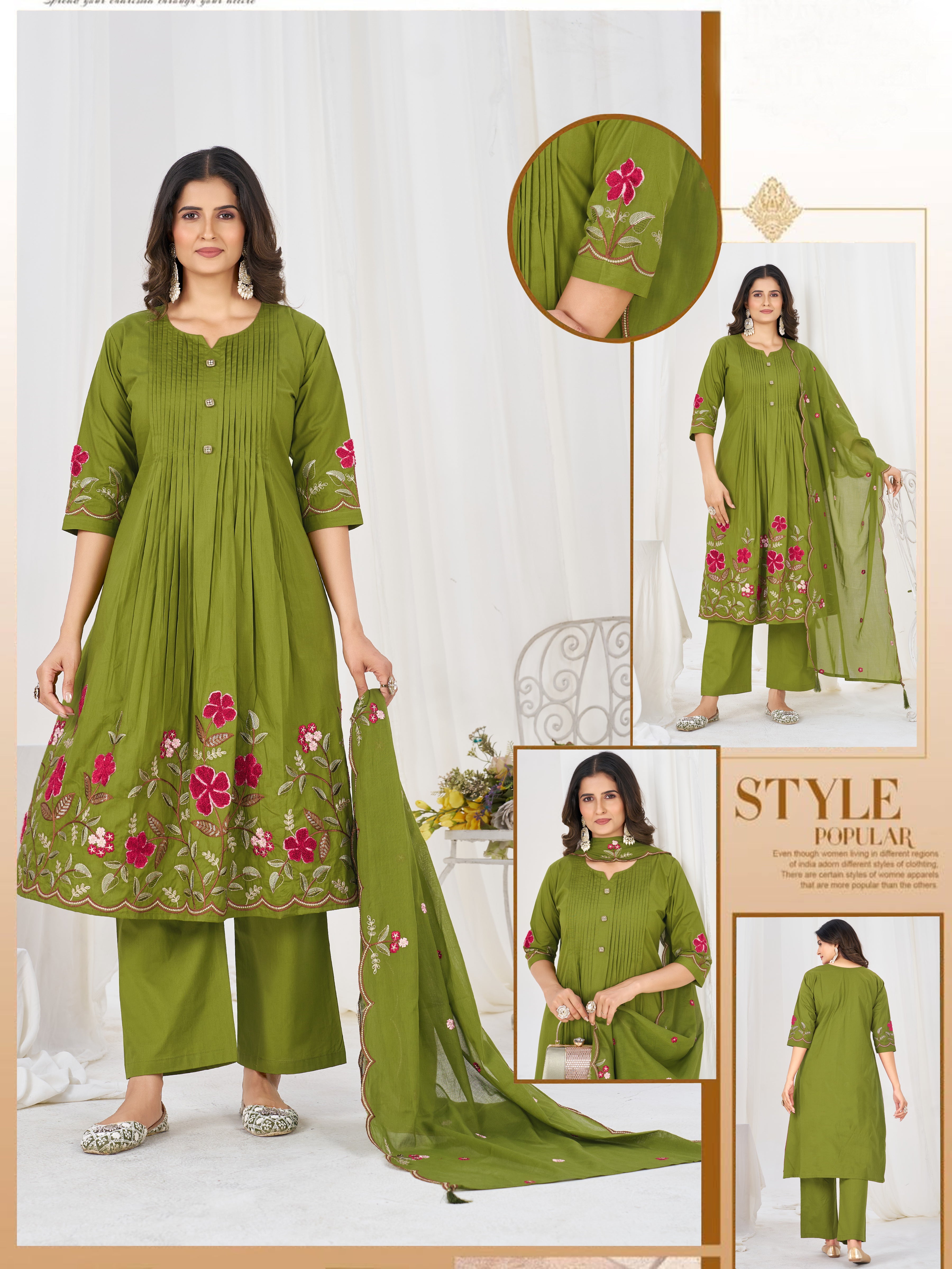 Pure Cotton Embroidered Anarkali Kurti Set – Green