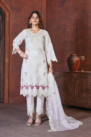 Heavy Viscose Roman Embroidered Straight Kurti Set – White