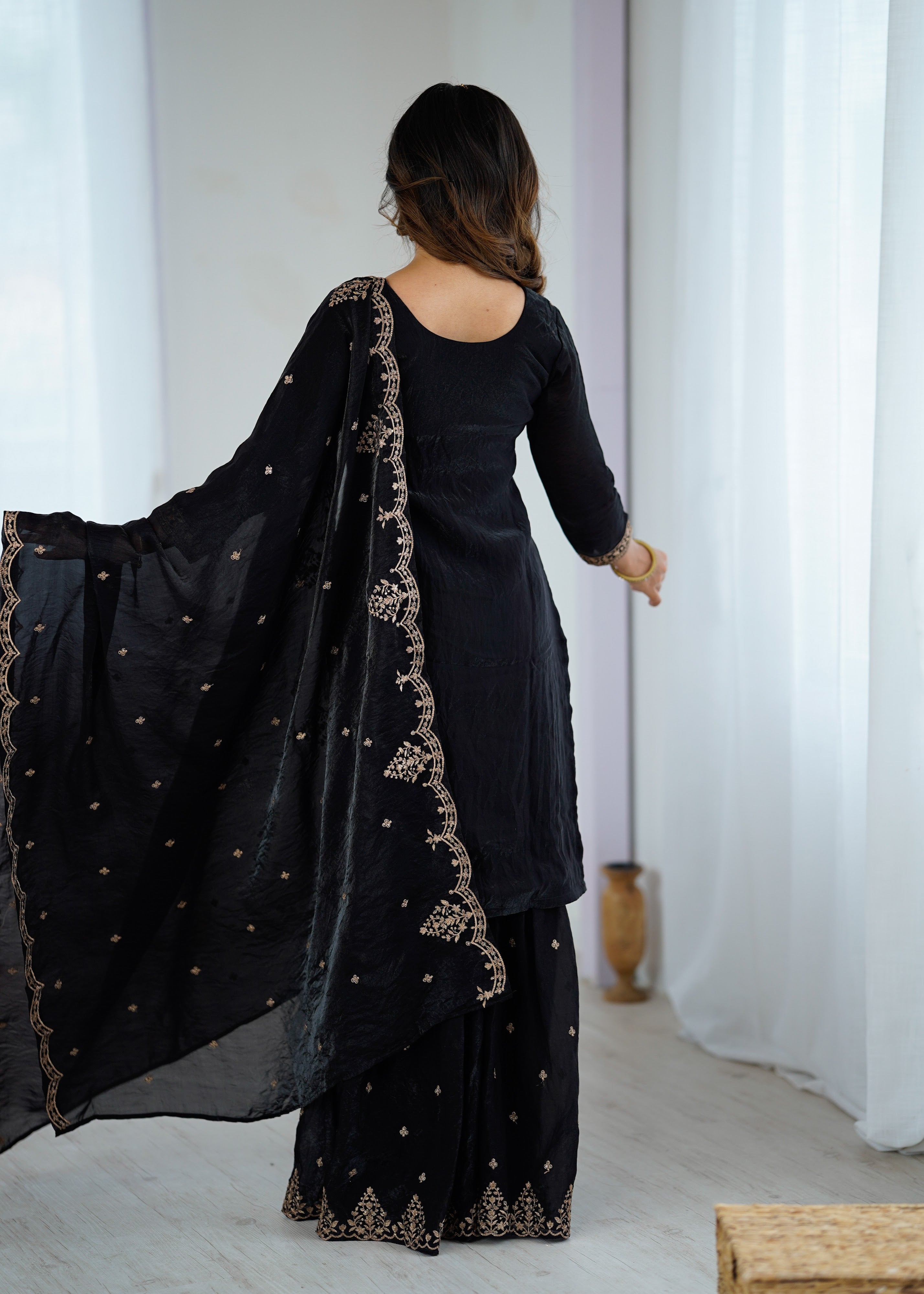 Crunchy Silk Embroidered Kurta-Sharara Set – Black