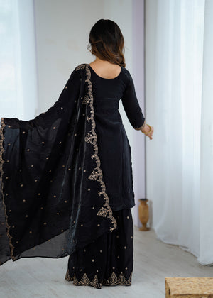 Crunchy Silk Embroidered Kurta-Sharara Set – Black