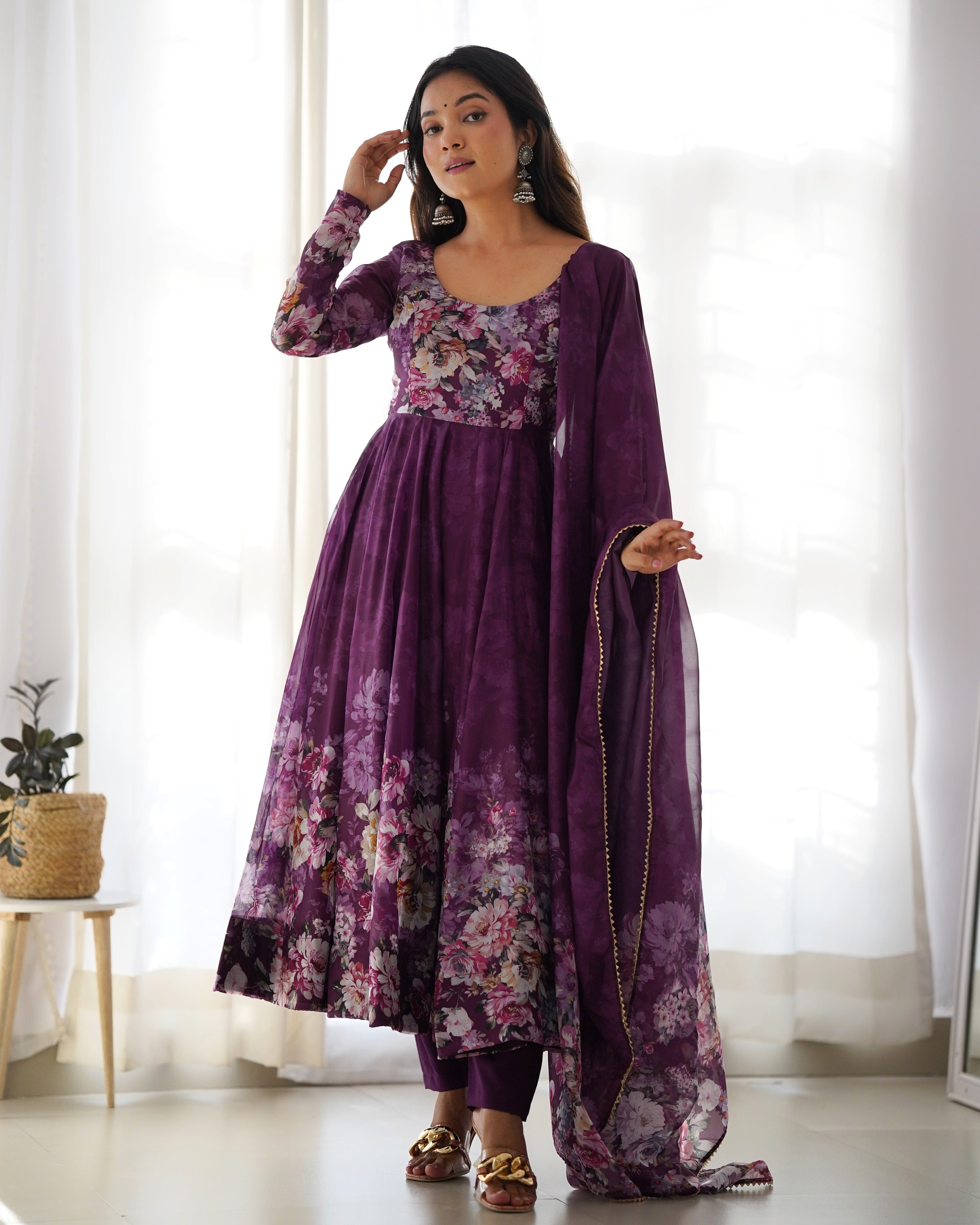 Organza Silk Printed Anarkali Set – Wine