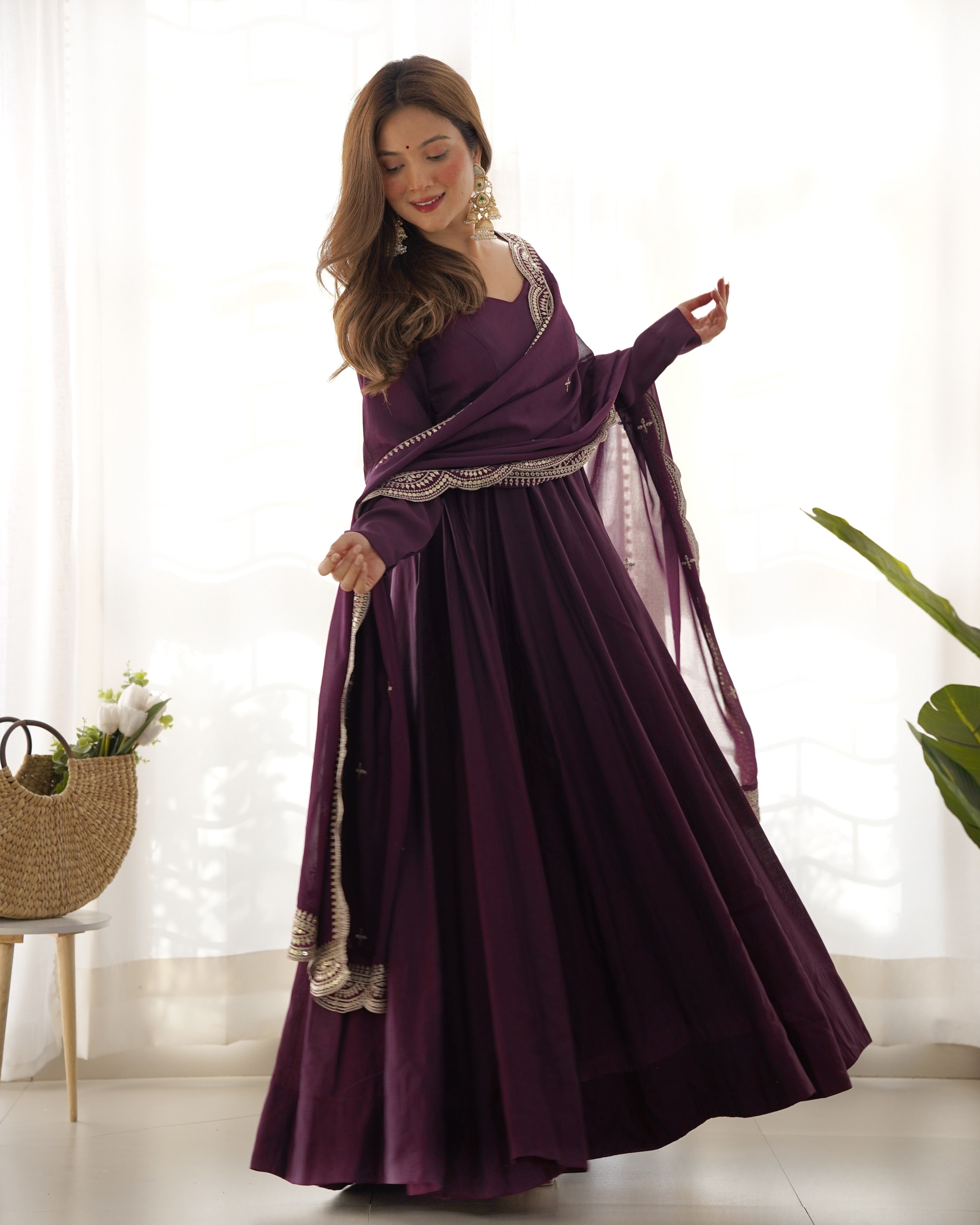 Roman Chanderi Silk Embroidered Anarkali Set – Wine