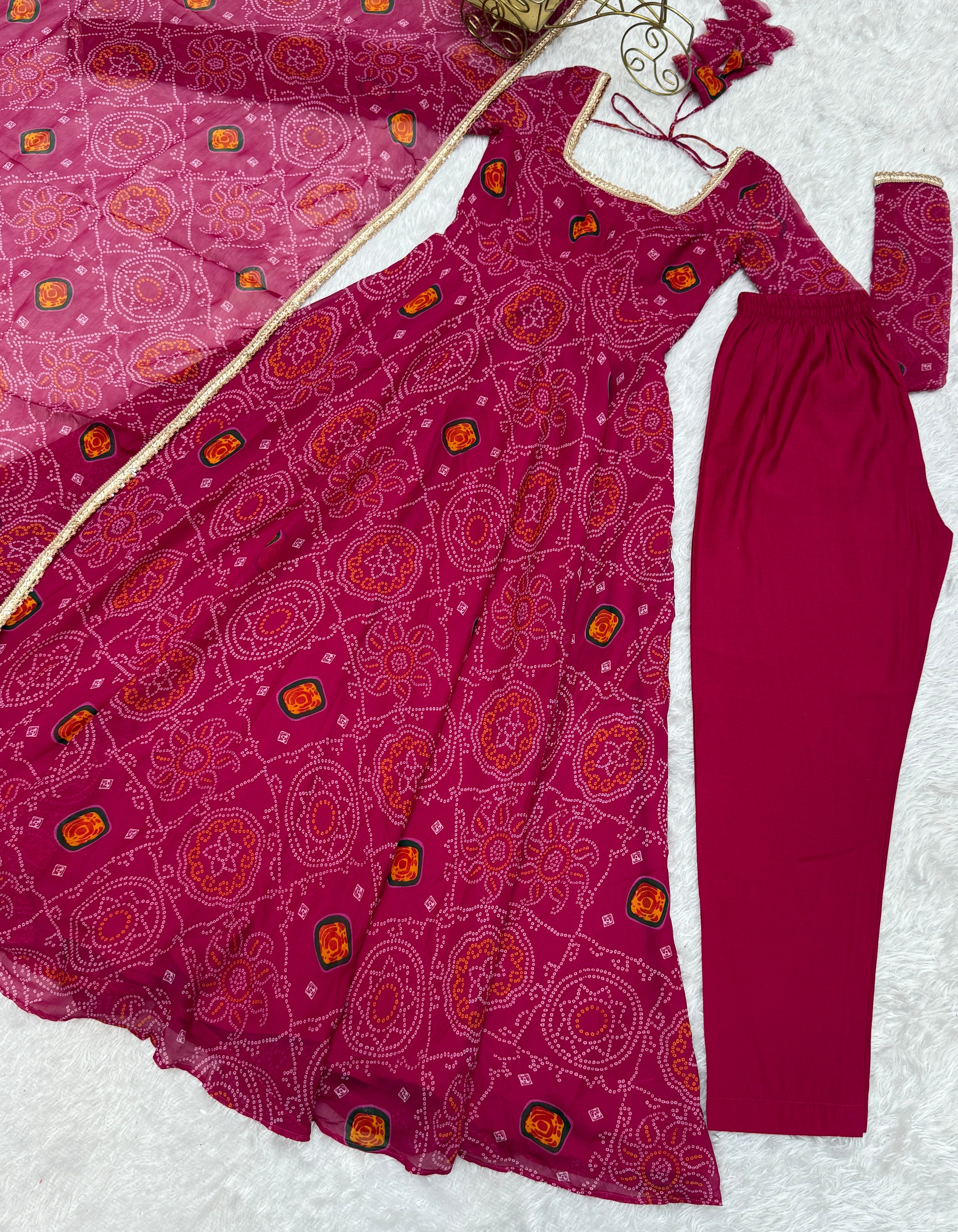 Soft Lightweight Chiffon Bandhej Fabric Inner Micro Cotton Embroidered Anarkali Set – Pink