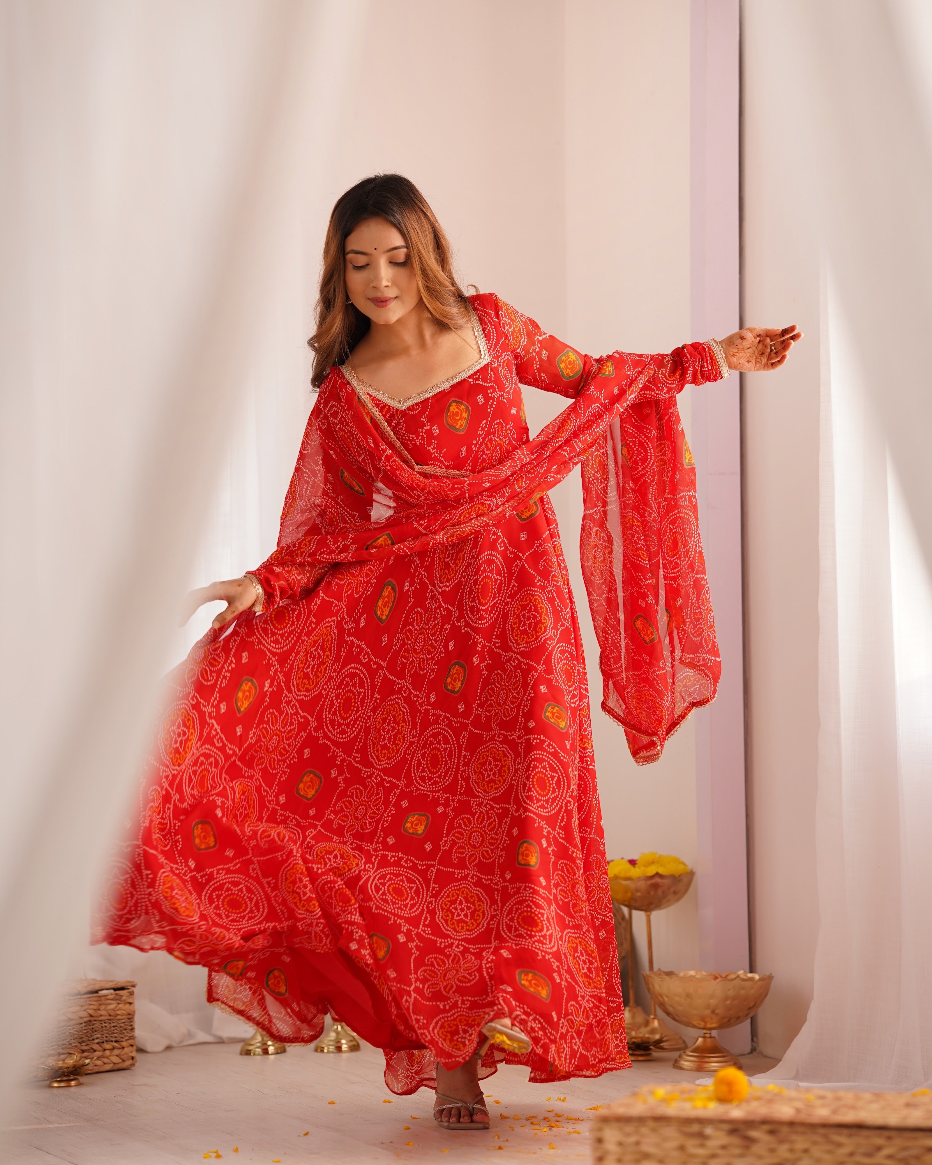 Soft Lightweight Chiffon Bandhej Fabric Inner Micro Cotton Embroidered Anarkali Set – Orange
