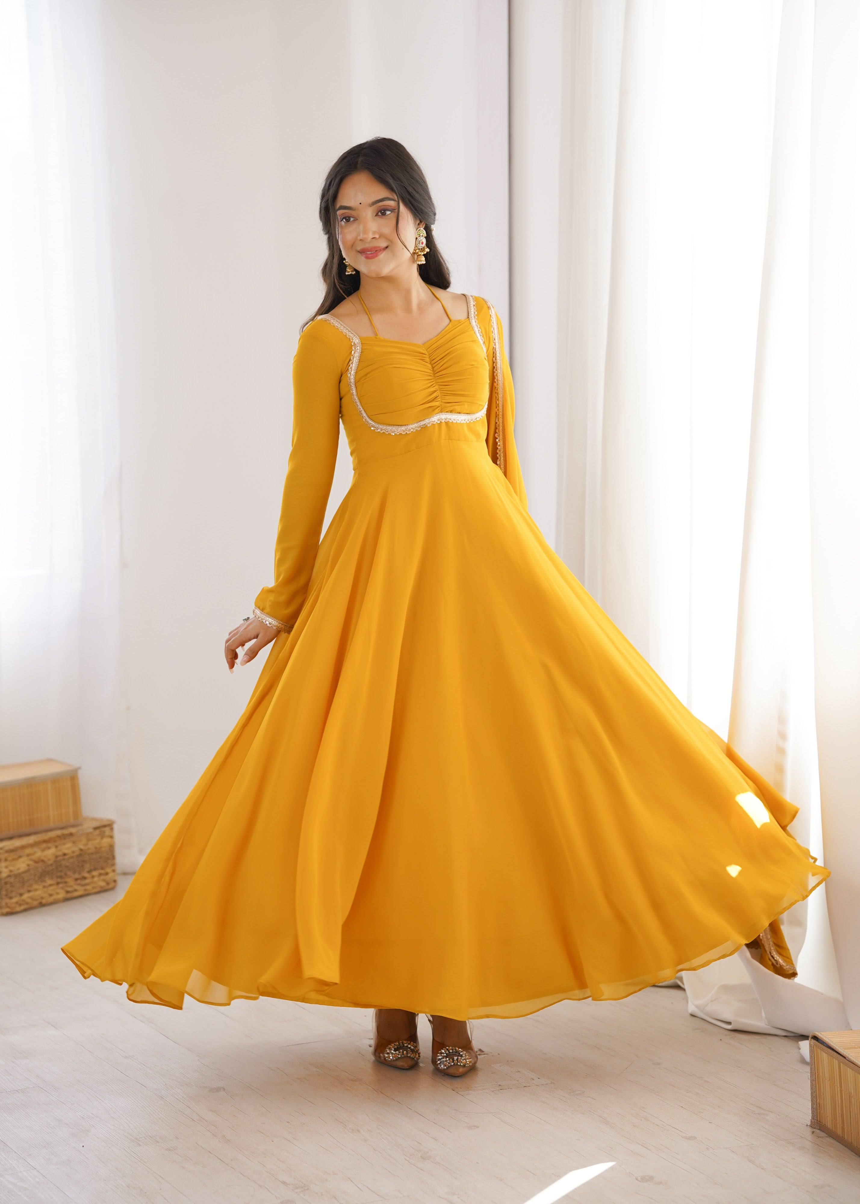 Georgette Embroidered Gown Set – Yellow