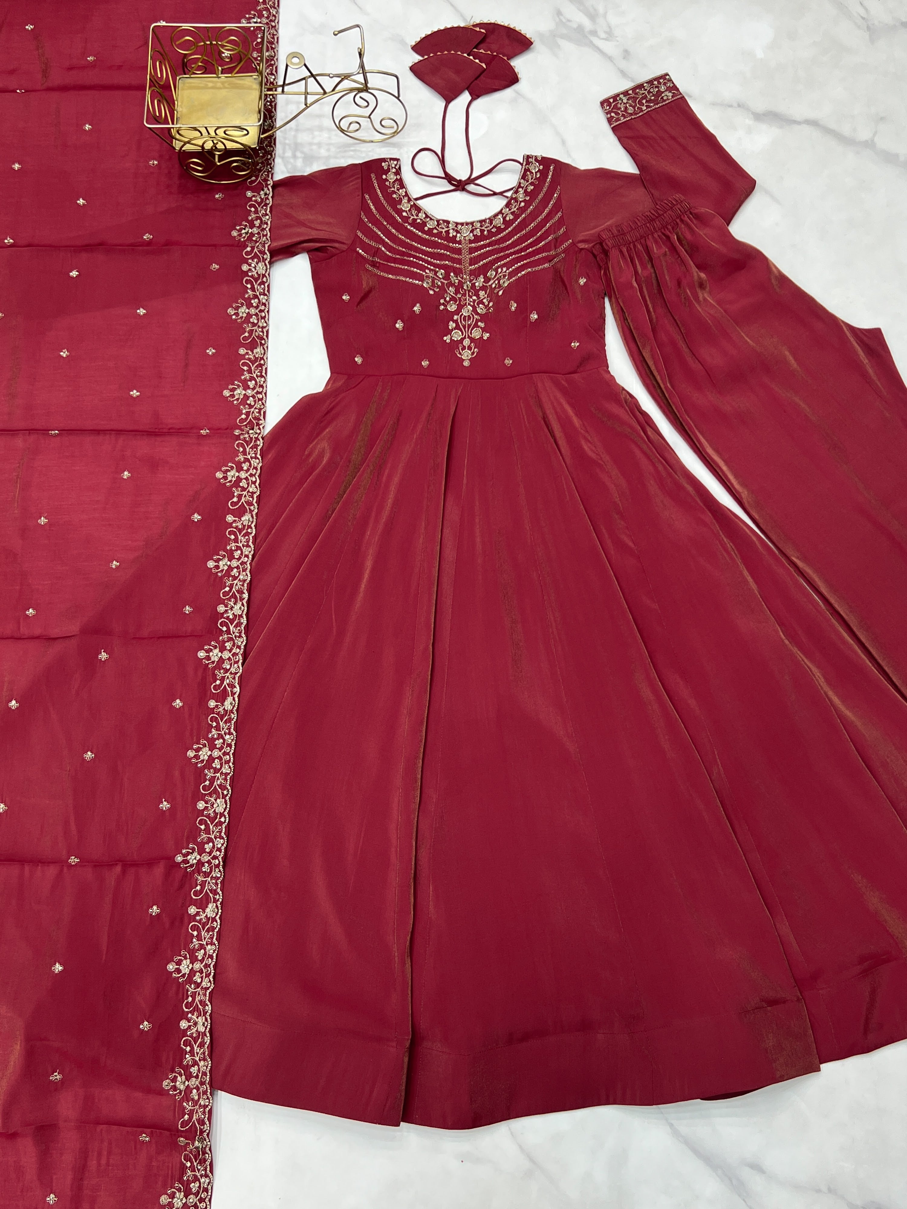 Roman Shimmer Silk Embroidered Anarkali Set – Maroon