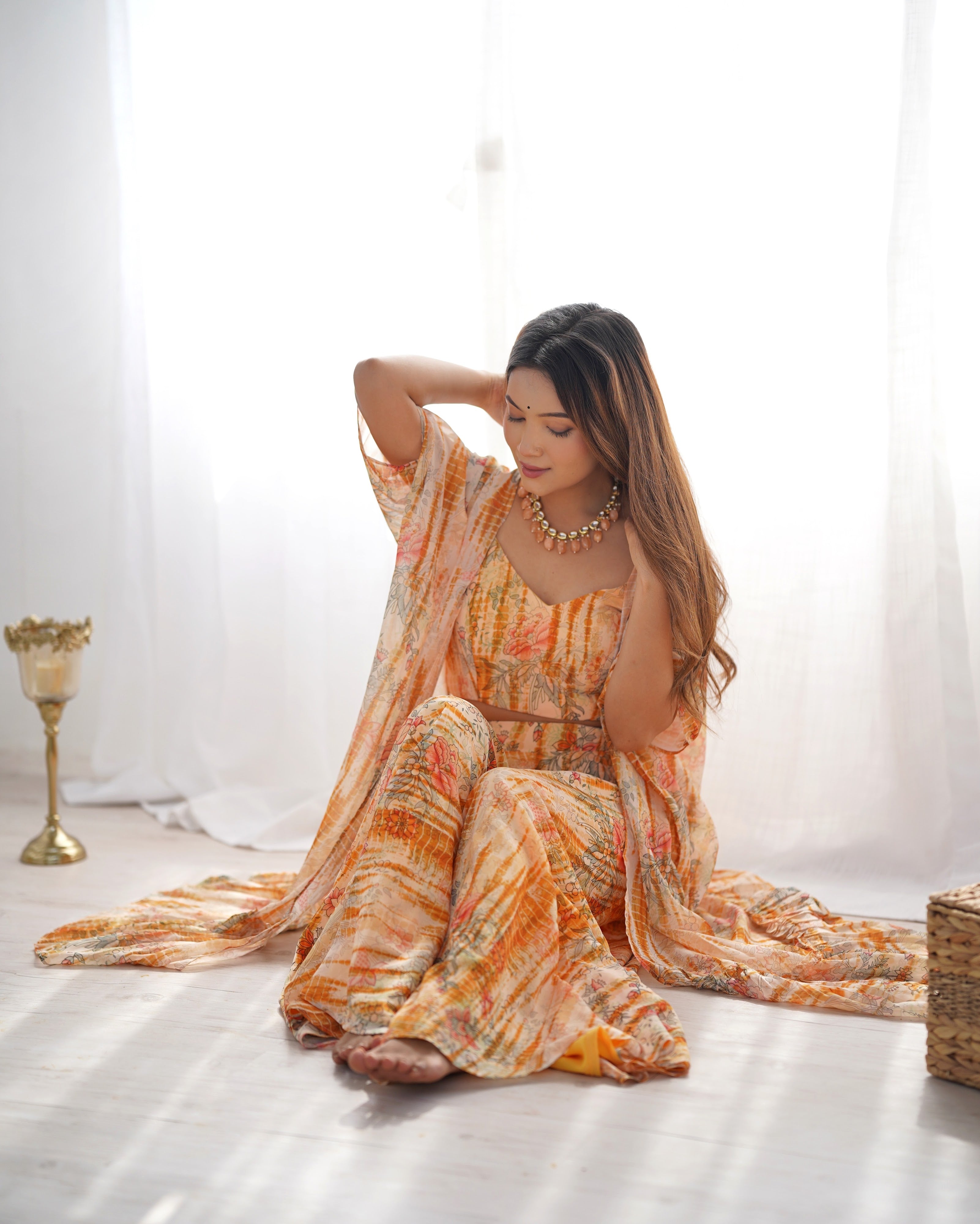 Georgette Printed Kurta-Palazzo Set – Peach Floral