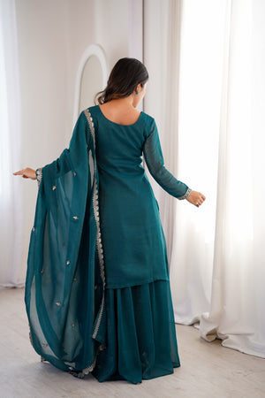 Crunchy Silk Embroidered Sharara Set – Teal Blue