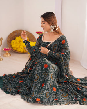 Soft Lightweight Chiffon Bandhej Fabric Inner Micro Cotton Embroidered Anarkali Set – Green