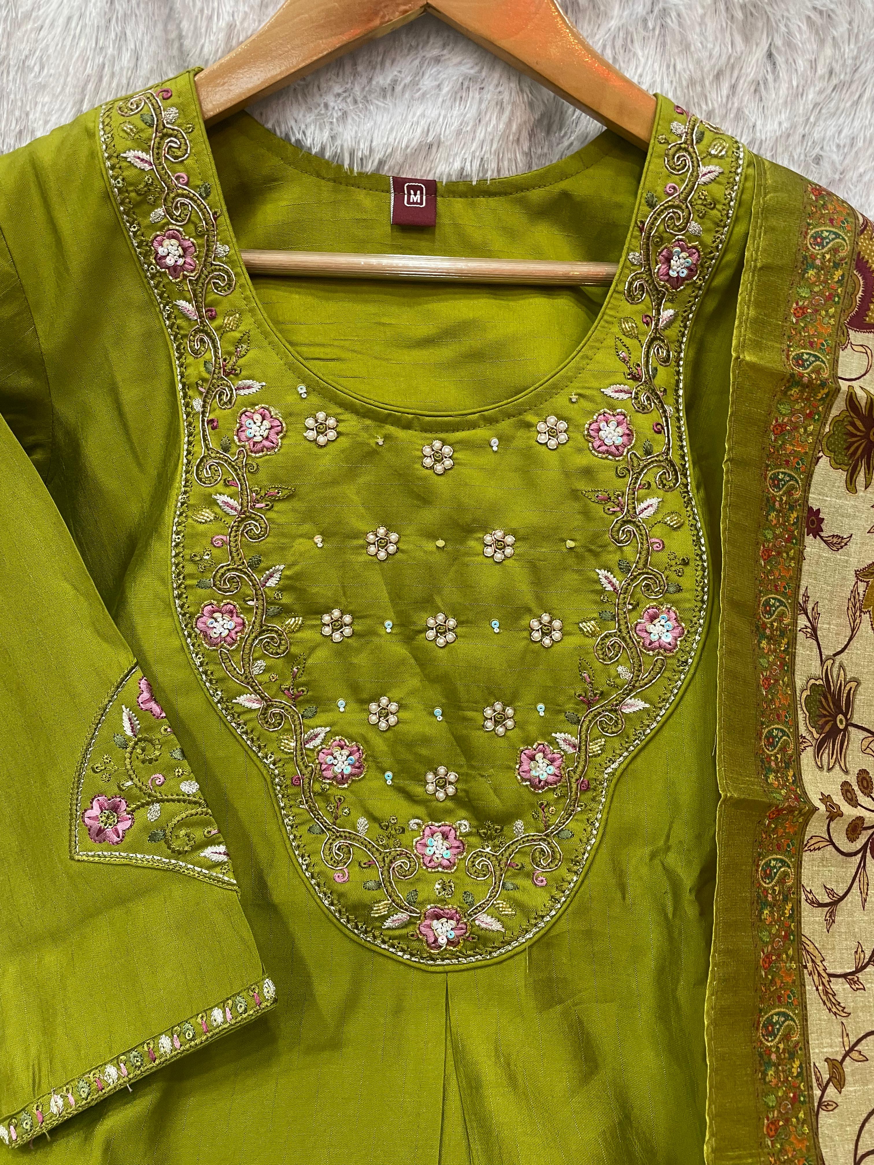 Premium Marina Silk Embroidered Straight Kurti Set – Parrot Green