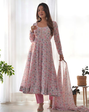 Heavy Orange Chiffon Floral Print Printed Anarkali Set – White Pink