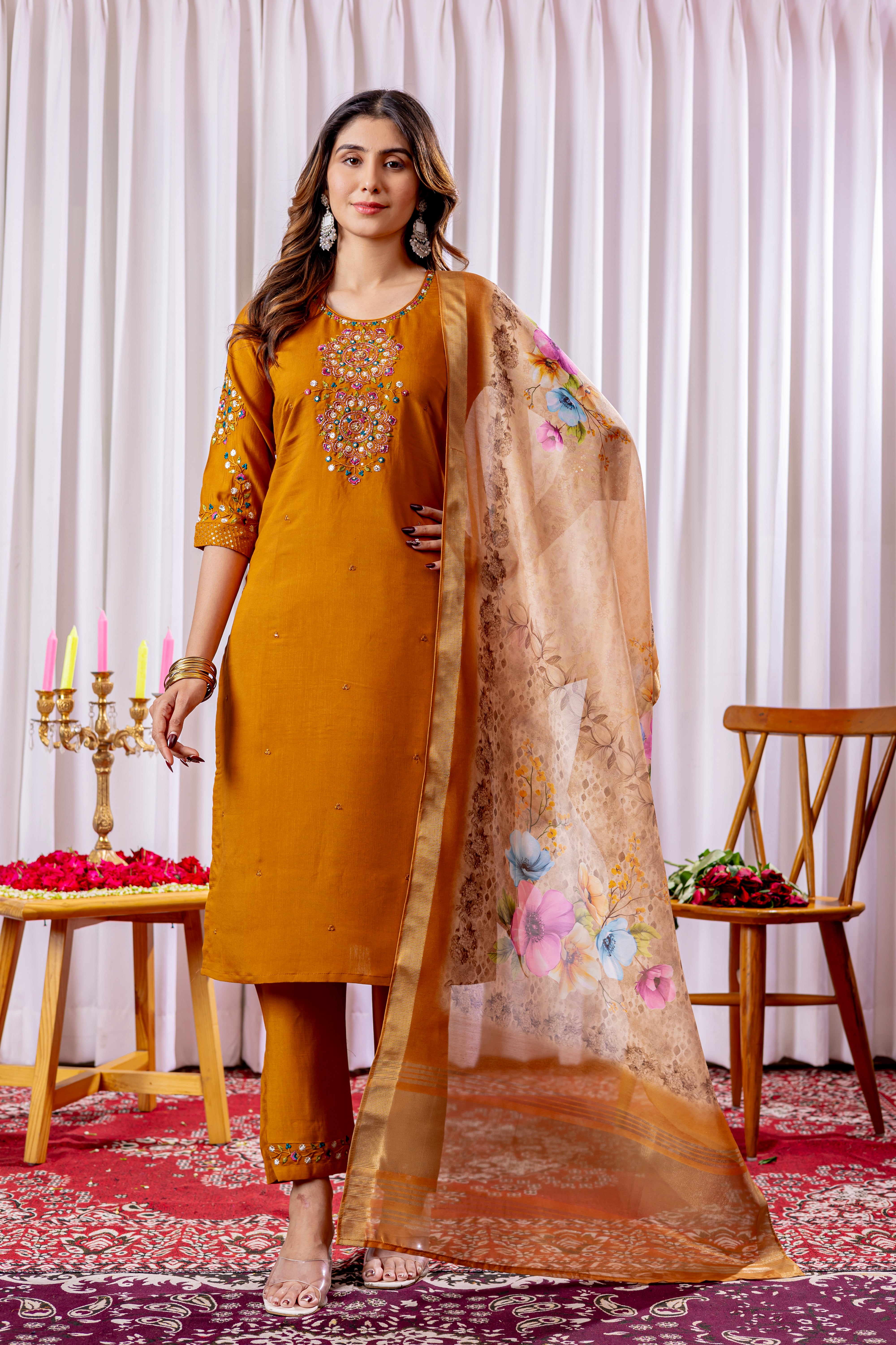 Viscose Silk Embroidered Straight Kurti Set – Mustard