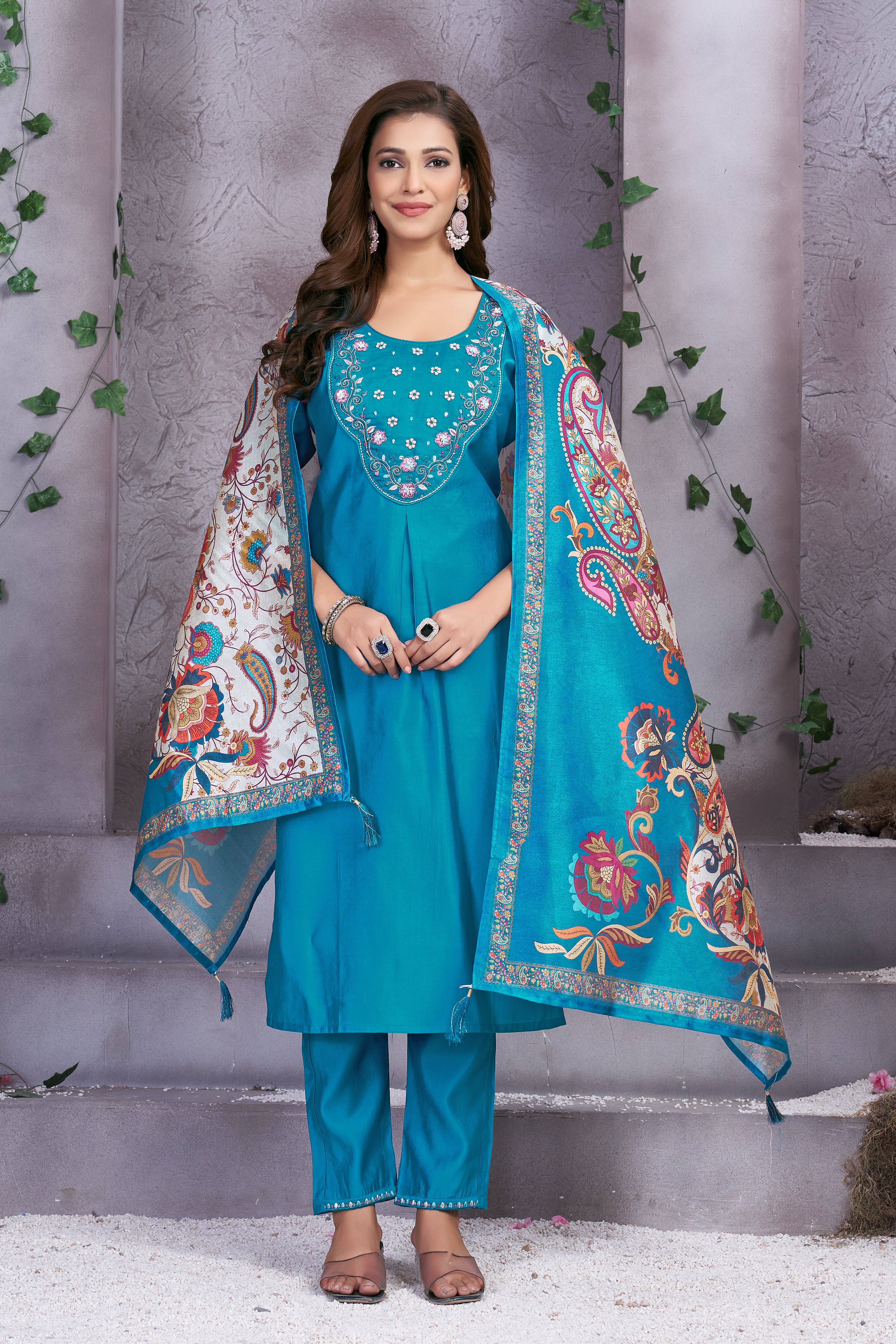 Premium Marina Silk Embroidered Straight Kurti Set – Firozi