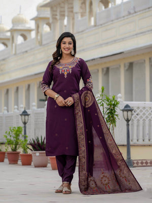 Premium Roman Silk Embroidered Straight Kurti Set – Wine