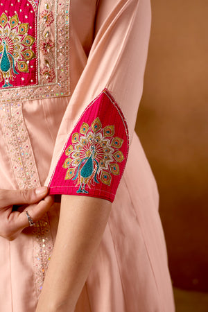 Roman Silk Embroidered Anarkali Kurti Set – Peach