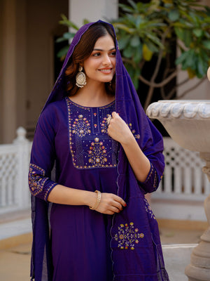 Pure Viscose Mango Silk Embroidered Straight Kurti Set – Violet