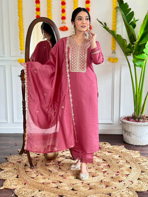 Viscose Chanderi Embroidered Kurta Pant Dupatta Set – Dusty Rose