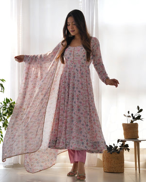 Heavy Orange Chiffon Floral Print Printed Anarkali Set – White Pink